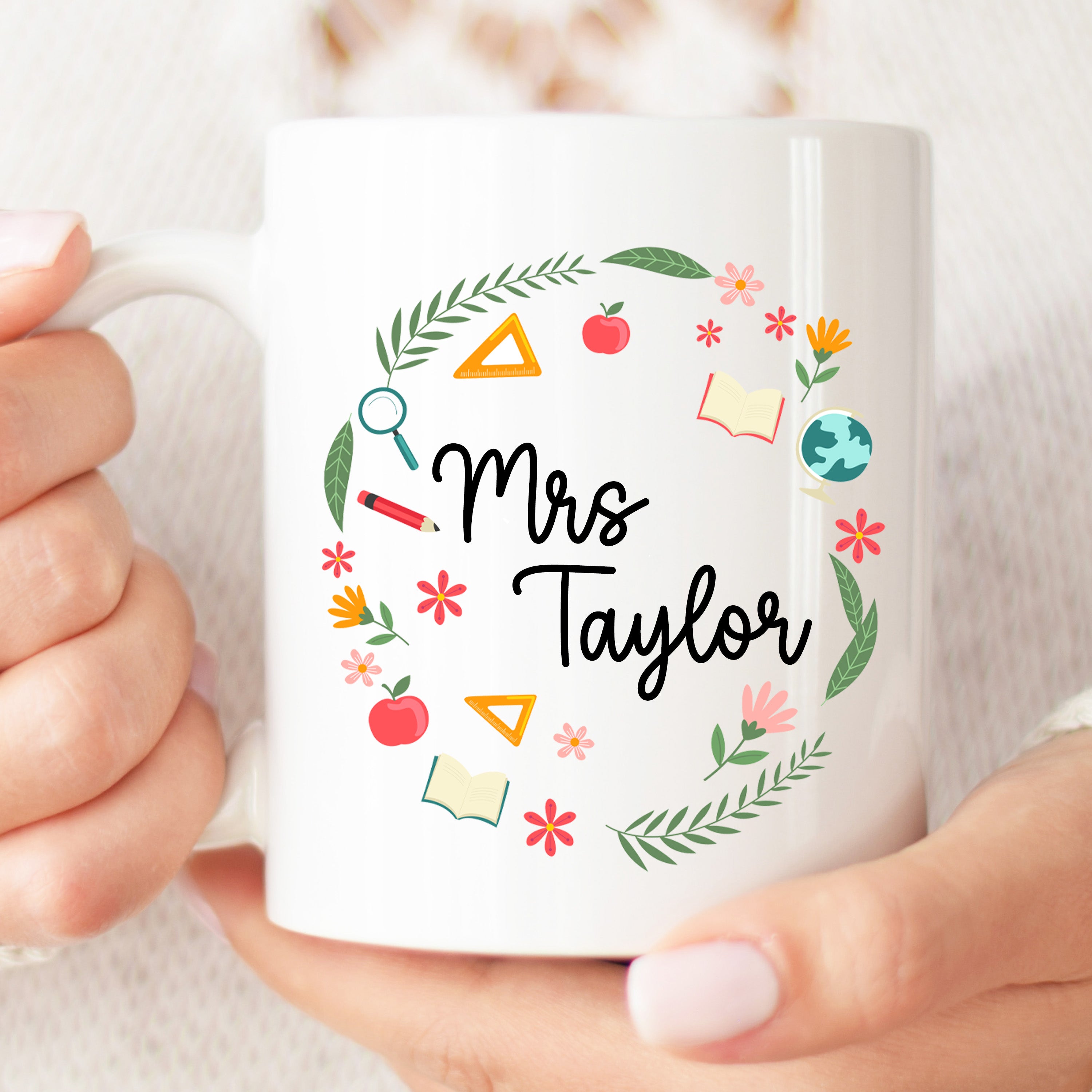 Thank You Teacher Gift - Teacher Wreath Mug | Personalised Teacher Gift, Thank You Teacher Present. End Of Term Gift, Teacher Assistant Gift