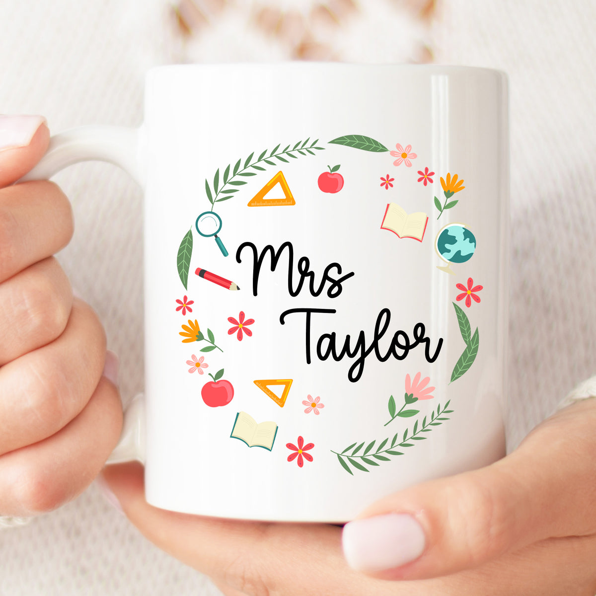 Thank You Teacher Gift - Teacher Wreath Mug | Personalised Teacher Gift, Thank You Teacher Present. End Of Term Gift, Teacher Assistant Gift