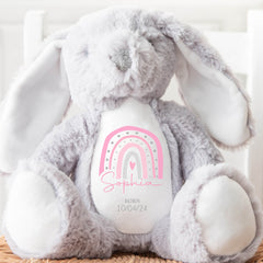 Personalised Teddy, Custom Newborn Teddy | Grey Bunny Rabbit, Baby Announcement Teddy Bear, Personalised Newborn Gift Ornament, Pink Rainbow