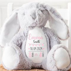Personalised Teddy, Custom Newborn Teddy | Grey Bunny Rabbit, Baby Announcement Teddy Bear, Personalised Newborn Gift Ornament, Pink Bunting