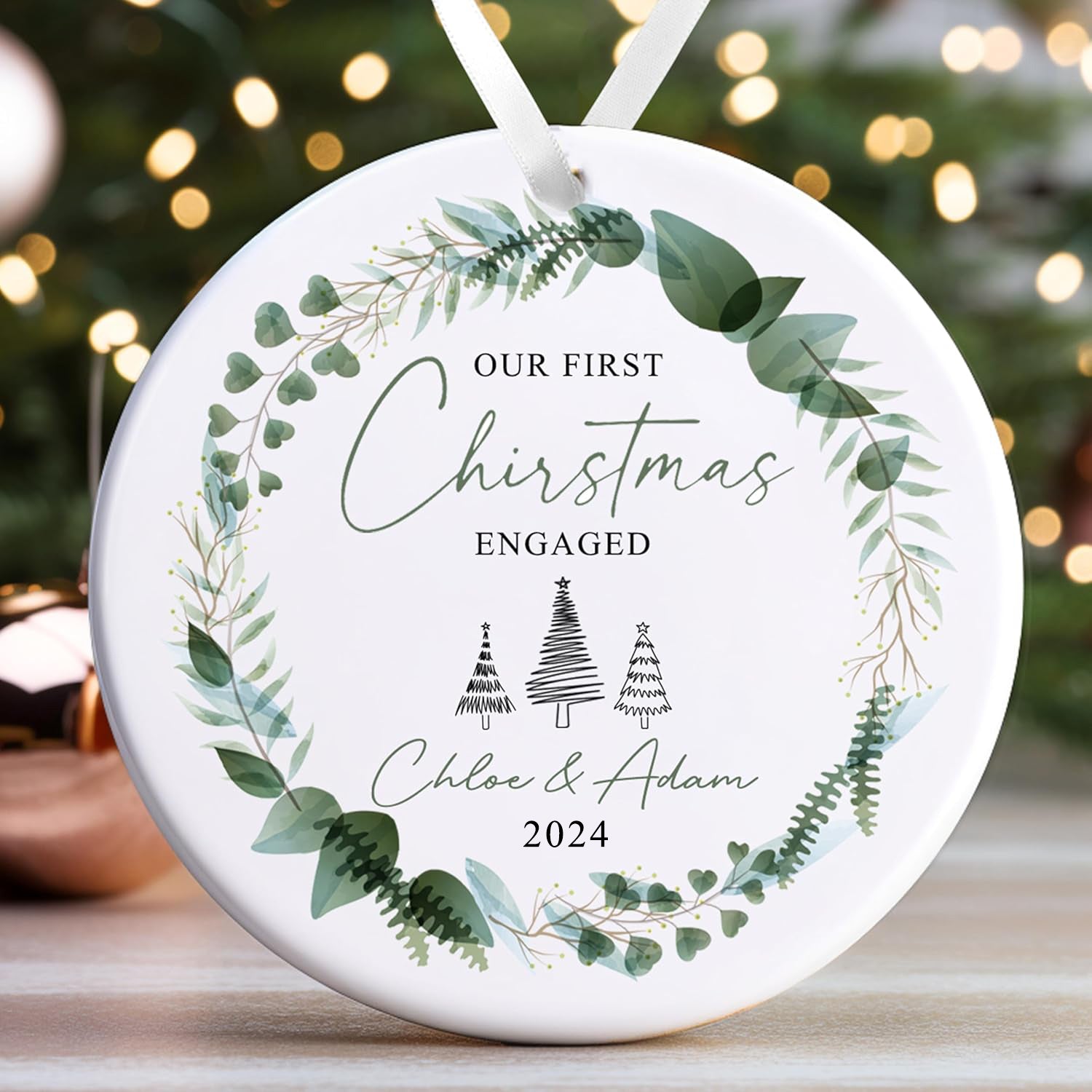 Personalised Engagement Bauble | First Christmas Engaged Bauble | 1st Christmas Engaged Gift | First Christmas Engagement Keepsake - Floral Wreath