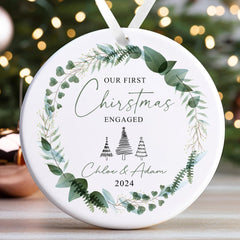 Personalised Engagement Bauble | First Christmas Engaged Bauble | 1st Christmas Engaged Gift | First Christmas Engagement Keepsake - Floral Wreath