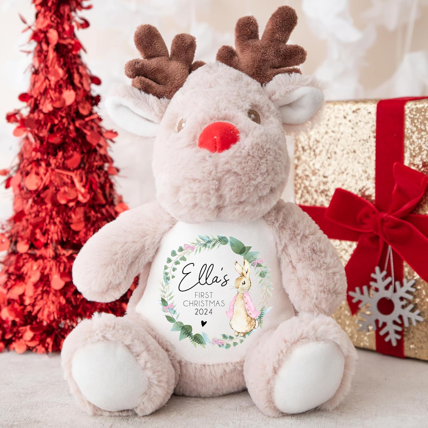 Personalised Christmas Teddy | Babys 1st Christmas Teddy | Personalised Reindeer | 1st Christmas Gift, First Christmas Teddy - Pink Bunny