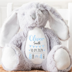 Personalised Teddy, Custom Newborn Teddy | Grey Bunny Rabbit, Baby Announcement Teddy Bear, Personalised Newborn Gift Ornament, Blue Bunting