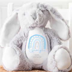 Personalised Teddy, Custom Newborn Teddy | Grey Bunny Rabbit, Baby Announcement Teddy Bear, Personalised Newborn Gift, Blue Rainbow