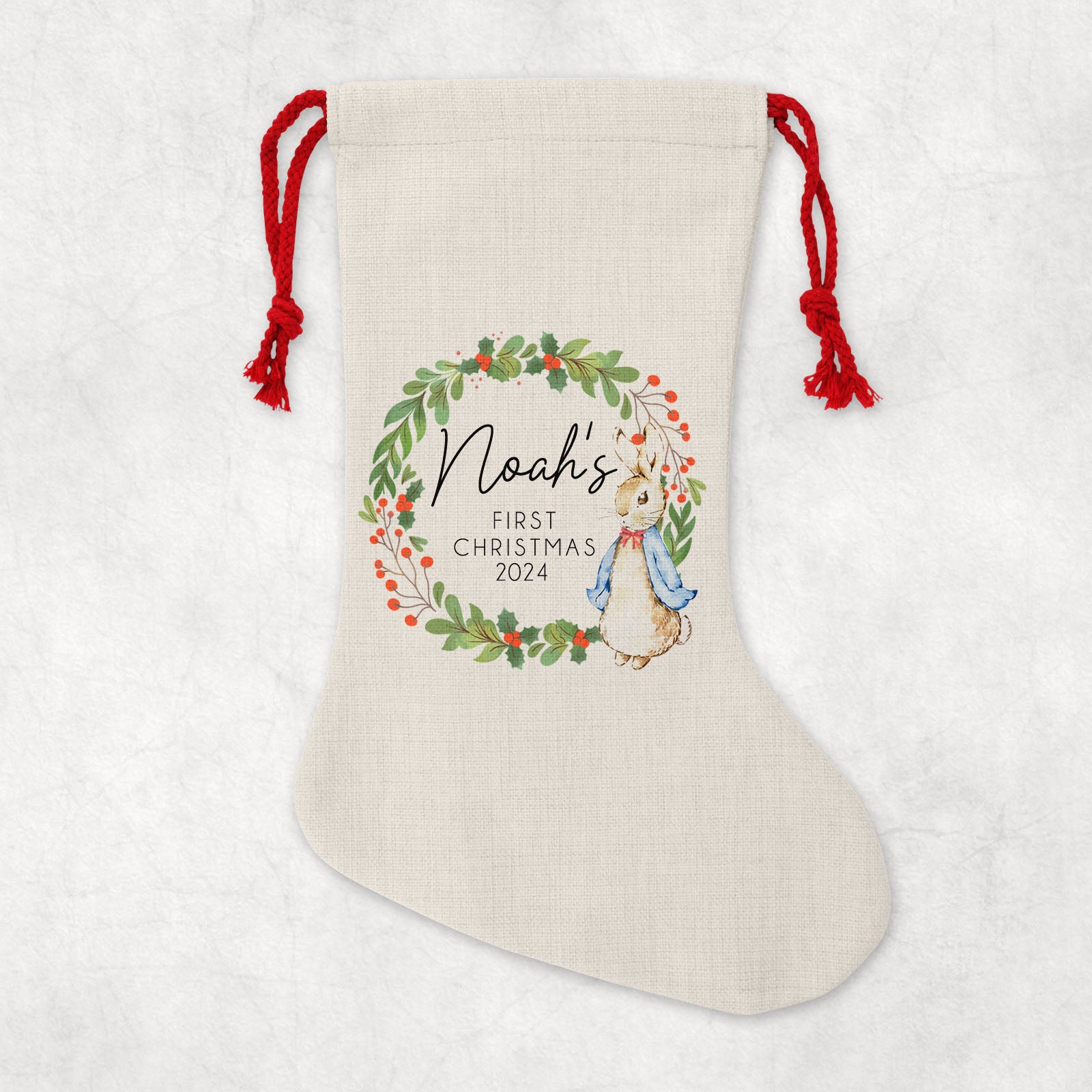 Personalised Christmas Sack | Custom Christmas Stocking | Custom Santa Sack For Kids, Children's Christmas Sack - Bunny Wreath