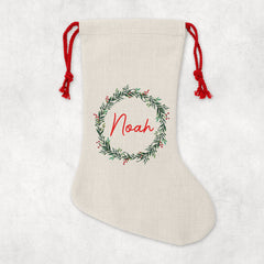 Personalised Christmas Sack | Custom Christmas Stocking | Custom Santa Sack For Kids, Children's Christmas Sack - Holly Wreath