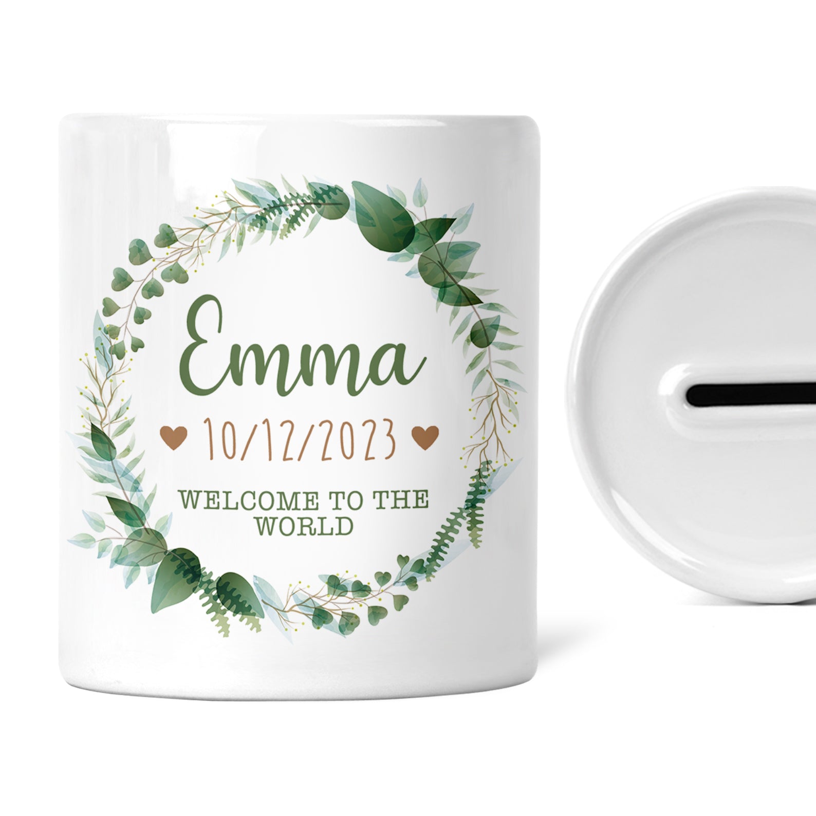 Personalised Children's Money Box | Custom Newborn Gift | Wreath Add A Name & Date | Welcome to The World | Custom New Baby Keepsake Gift