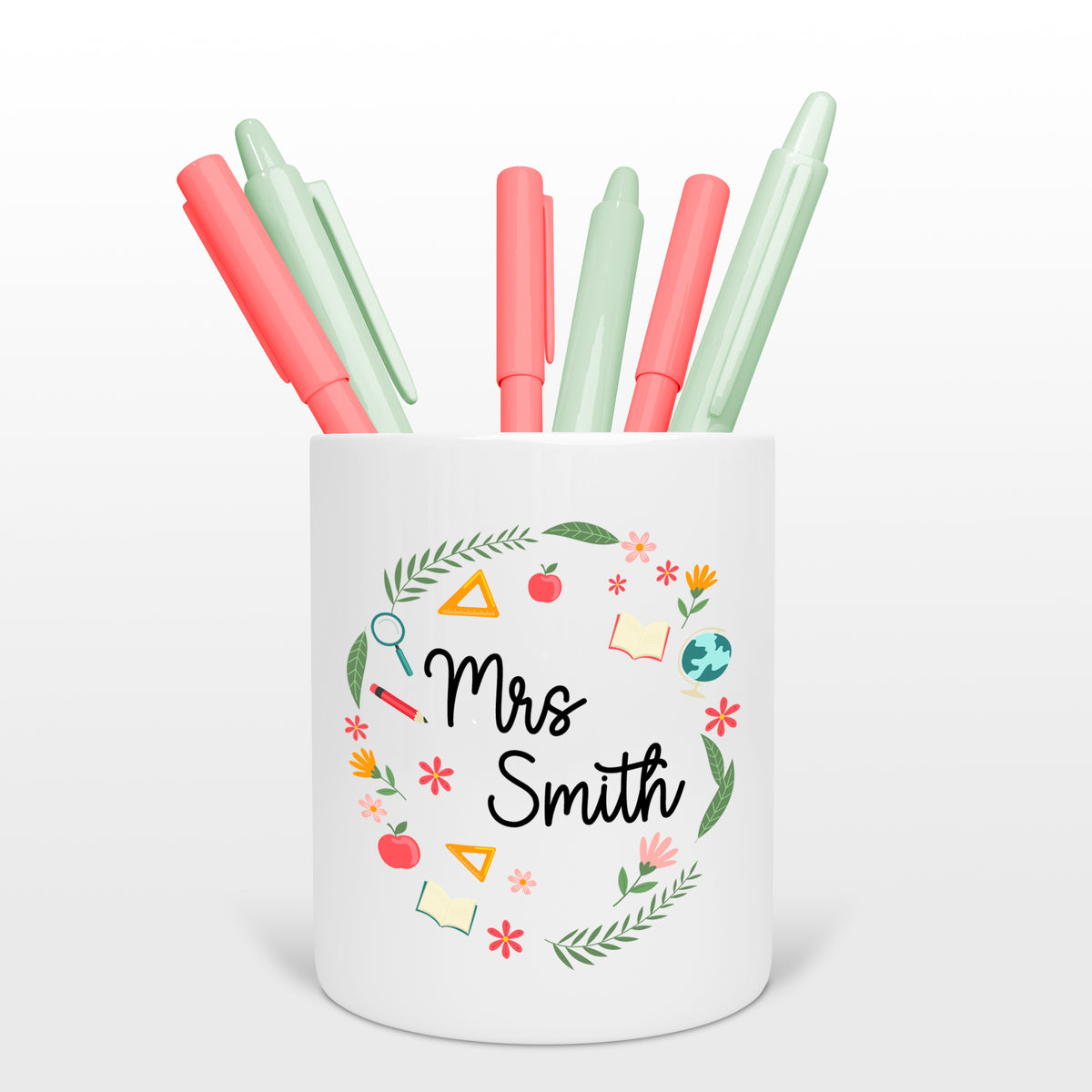 Personalised Ceramic Pencil Pot - Teacher Gift - Teacher Wreath - TA Gift, Teacher Present, | End of Year Present, Teaching Assistant Gift