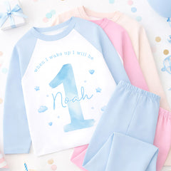 Personalised 1st Birthday Pyjamas, First Bib | Watercolour | When I Wake Up I Will Be 1, Girls 1st Birthday Pyjamas, Boys 1st Birthday Pyjamas