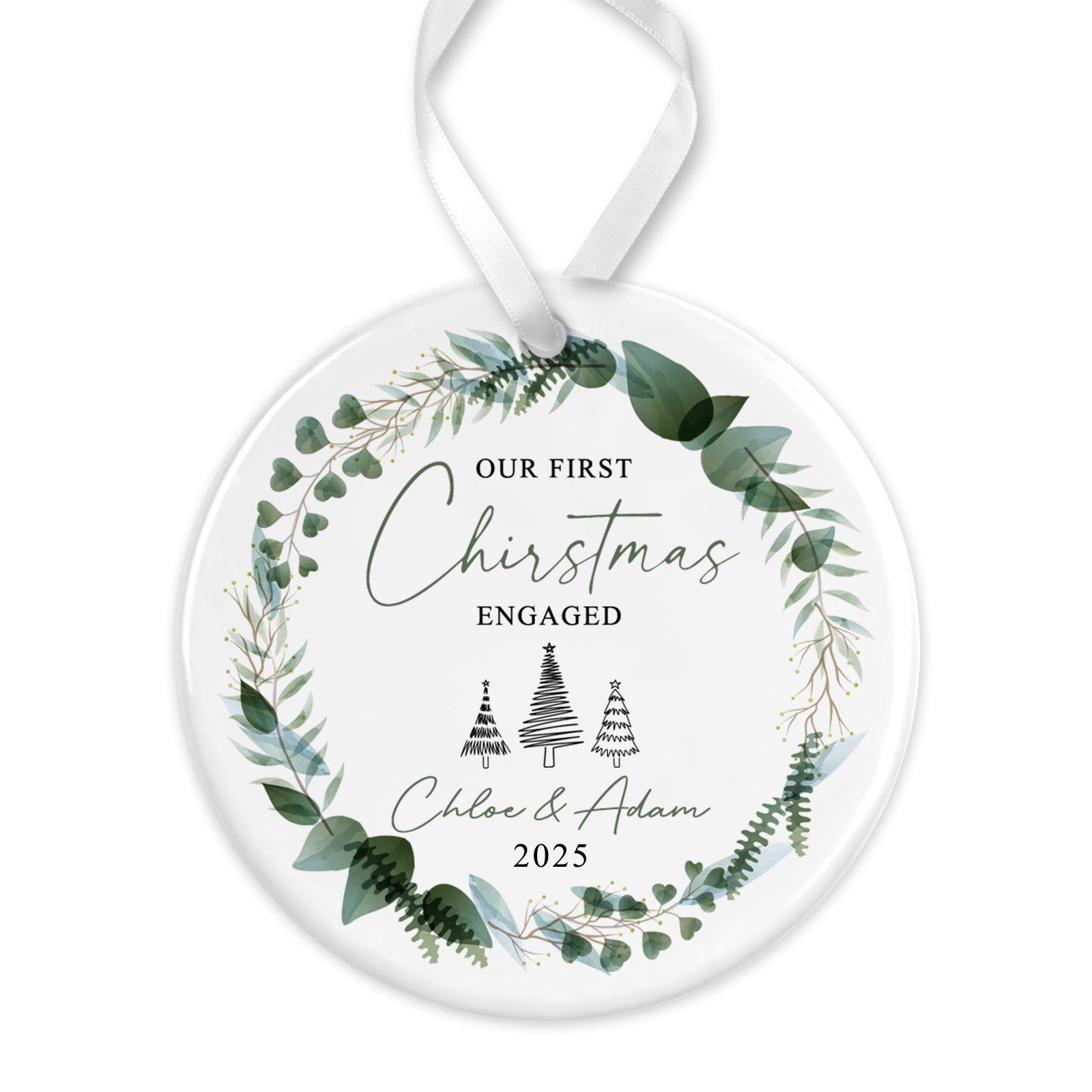 Personalised Engagement Bauble | First Christmas Engaged Bauble | 1st Christmas Engaged Gift | First Christmas Engagement Keepsake - Floral Wreath