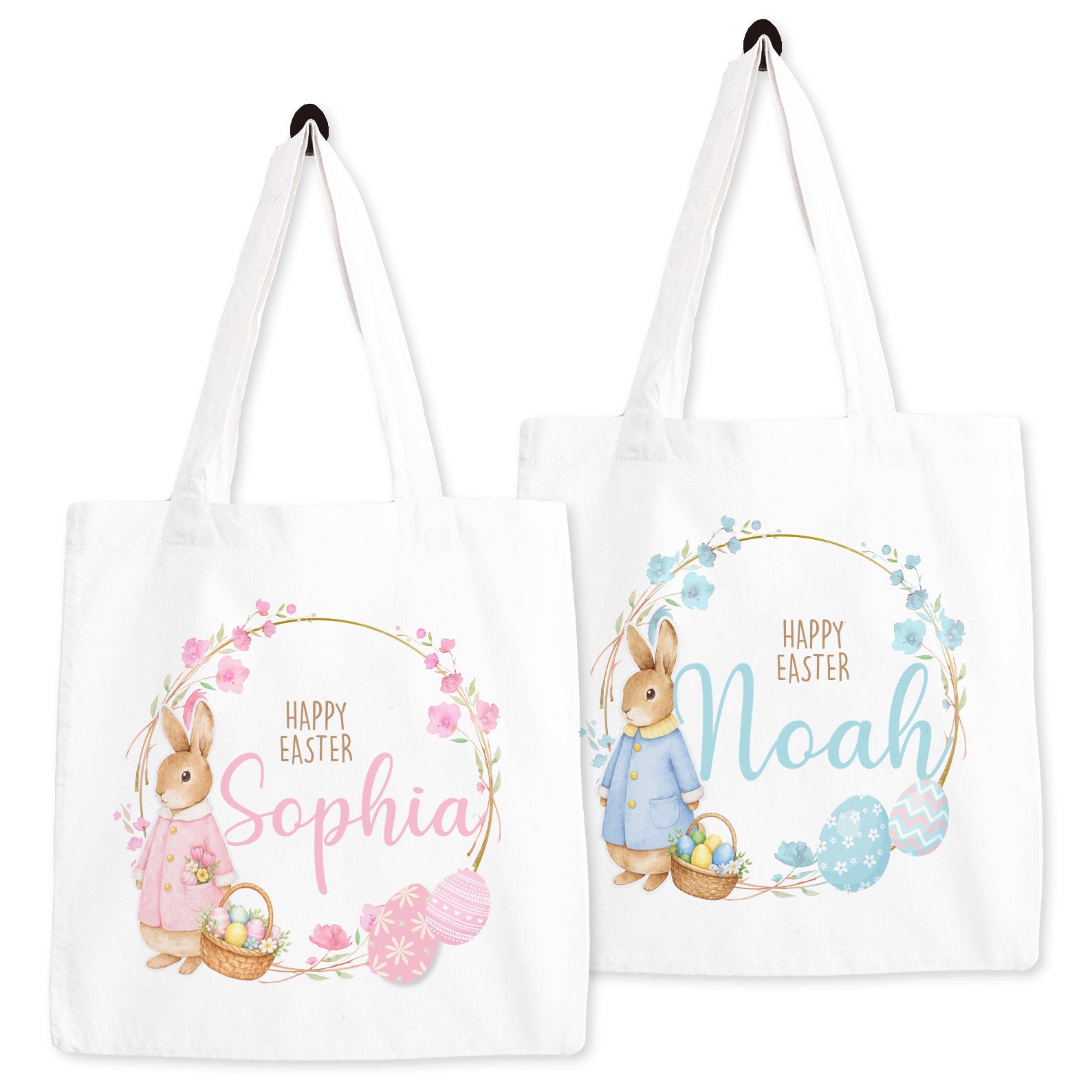 Personalised Easter Bag | Wreath Pink or Blue | Personalised Easter Tote, Custom Easter Hunt Bag, Personalised Easter Gift, Easter Basket