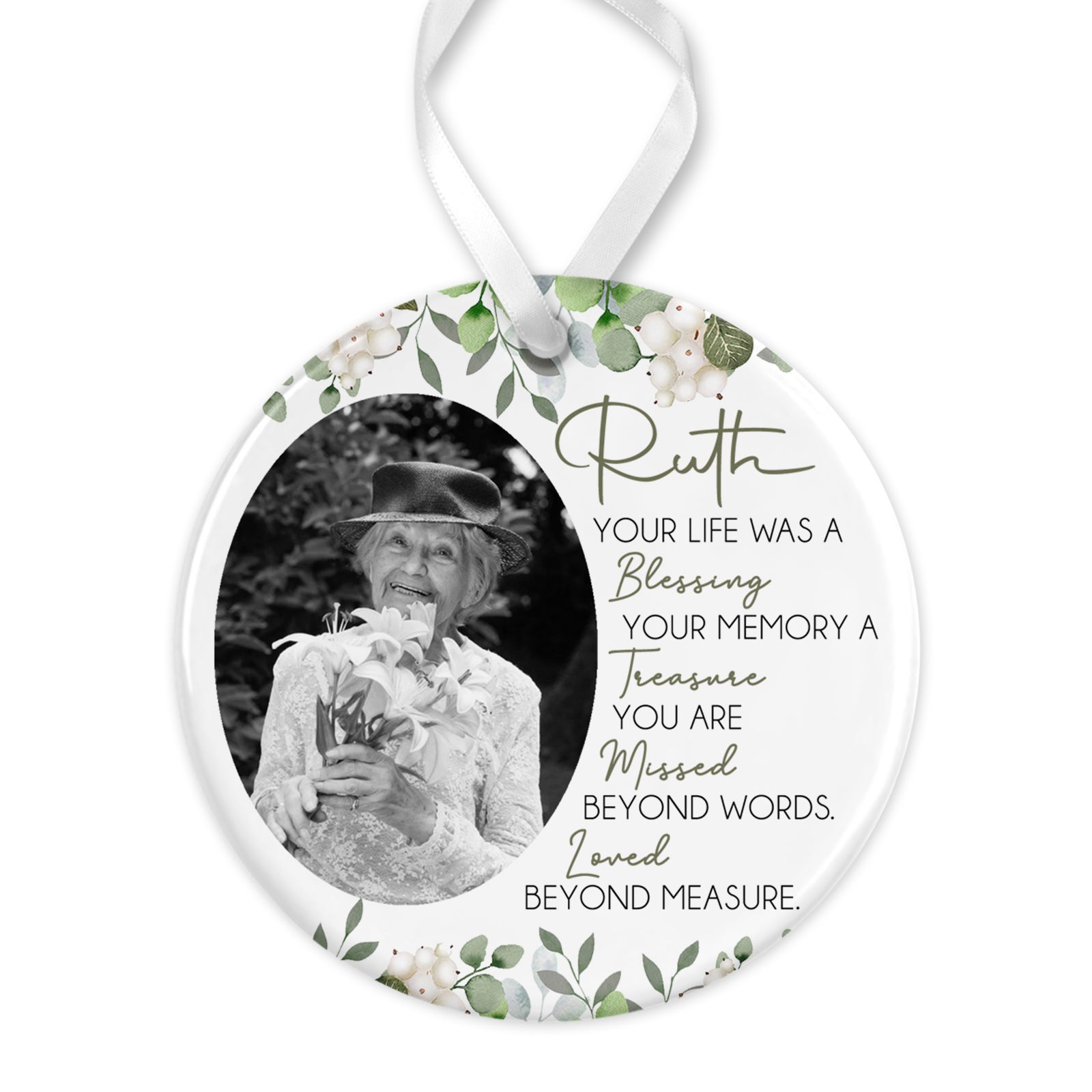 Personalised Memorial Christmas Bauble | Memory Ornament | Memorial Keepsake Christmas Bauble | Memorial Photo Ceramic Christmas Bauble  - Floral Poem