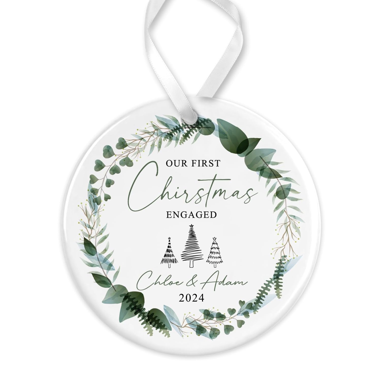 Personalised Engagement Bauble | First Christmas Engaged Bauble | 1st Christmas Engaged Gift | First Christmas Engagement Keepsake - Floral Wreath