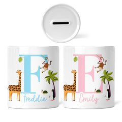 Personalised Children's Money Box | Zoo Animals | Large Initial, Add A Name | Personalised Kids Gift | New Baby Gift | Gift for Boys & Girls