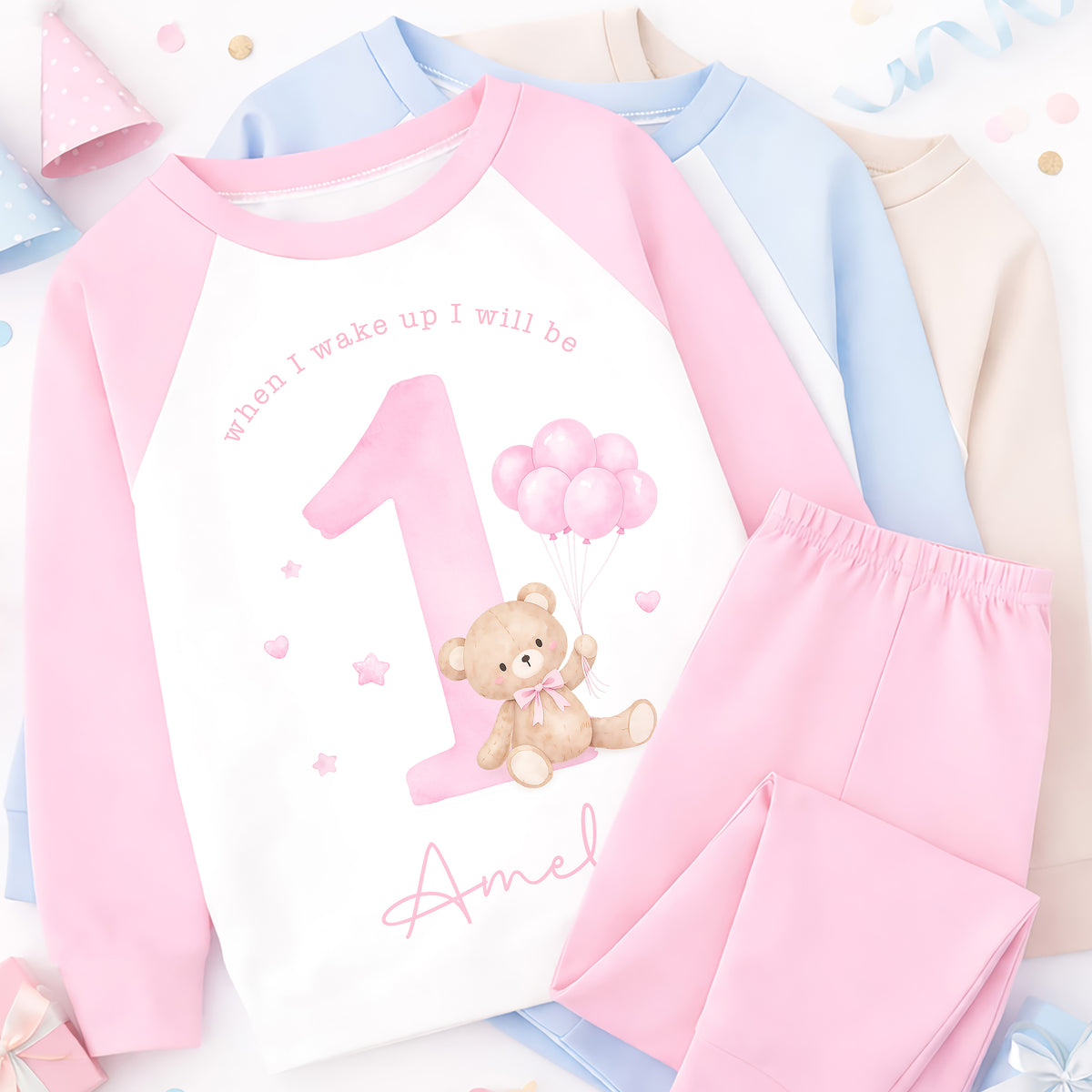 Personalised 1st Birthday Pyjamas, First Bib | Teddy Bear | When I Wake Up I Will Be 1, Girls 1st Birthday Pyjamas, Boys 1st Birthday Pyjamas