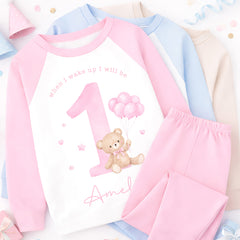 Personalised 1st Birthday Pyjamas, First Bib | Teddy Bear | When I Wake Up I Will Be 1, Girls 1st Birthday Pyjamas, Boys 1st Birthday Pyjamas